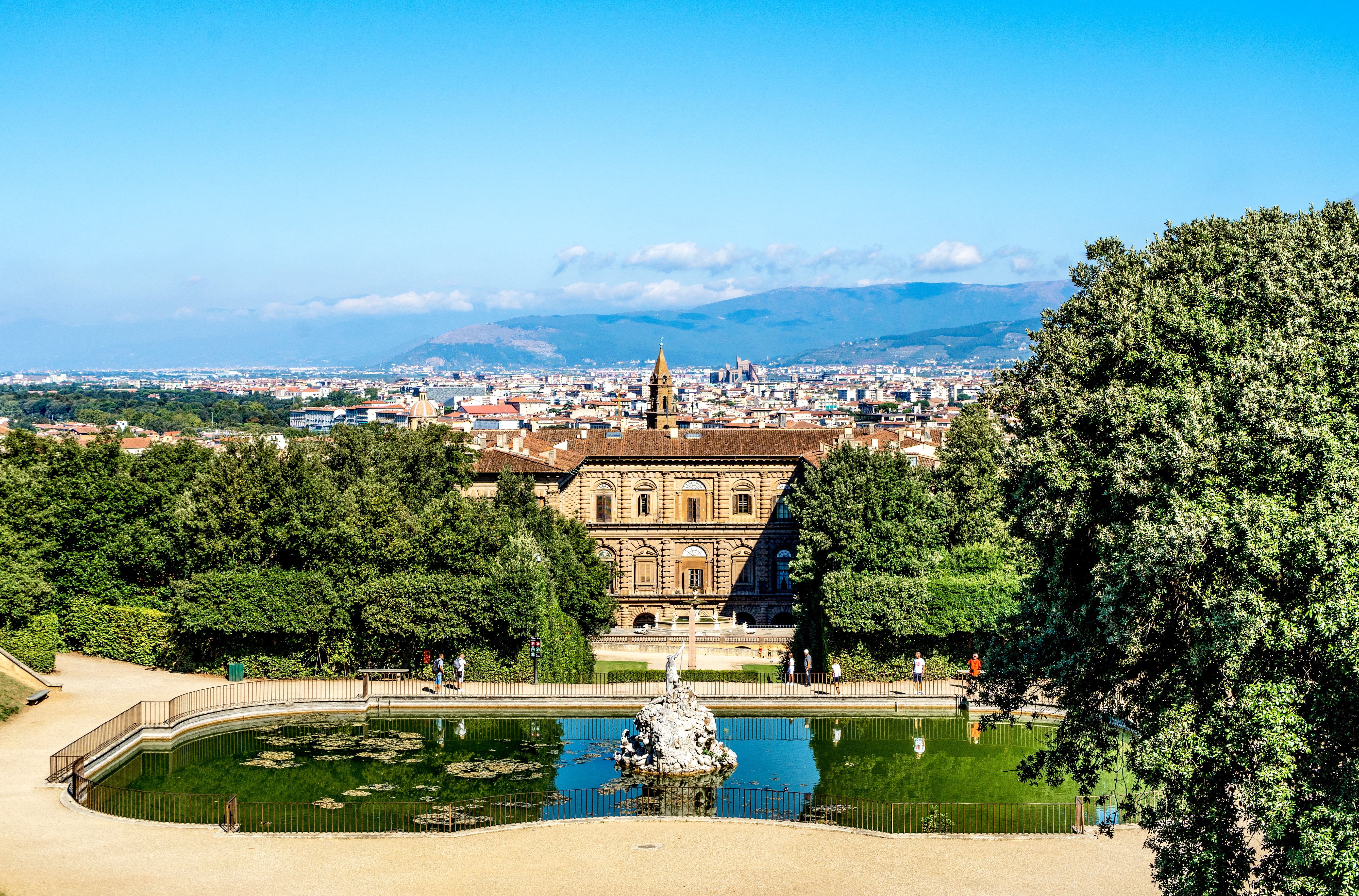 View of the Boboli Gardens, with the back façade of Pitti palace, Florence in the background, Florence city center, Tuscany region, Italy